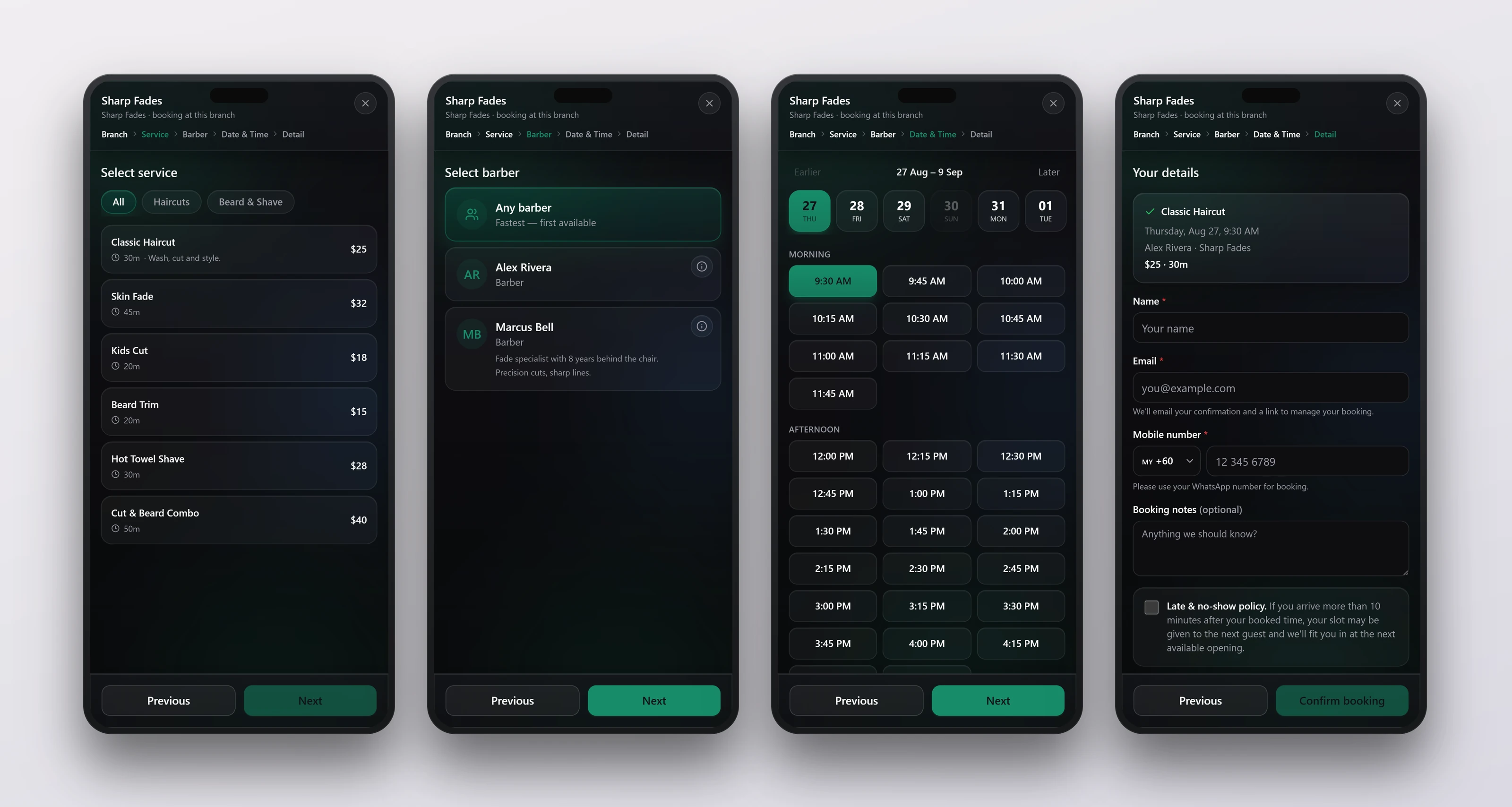 The booking steps on a phone: service, barber, time, details