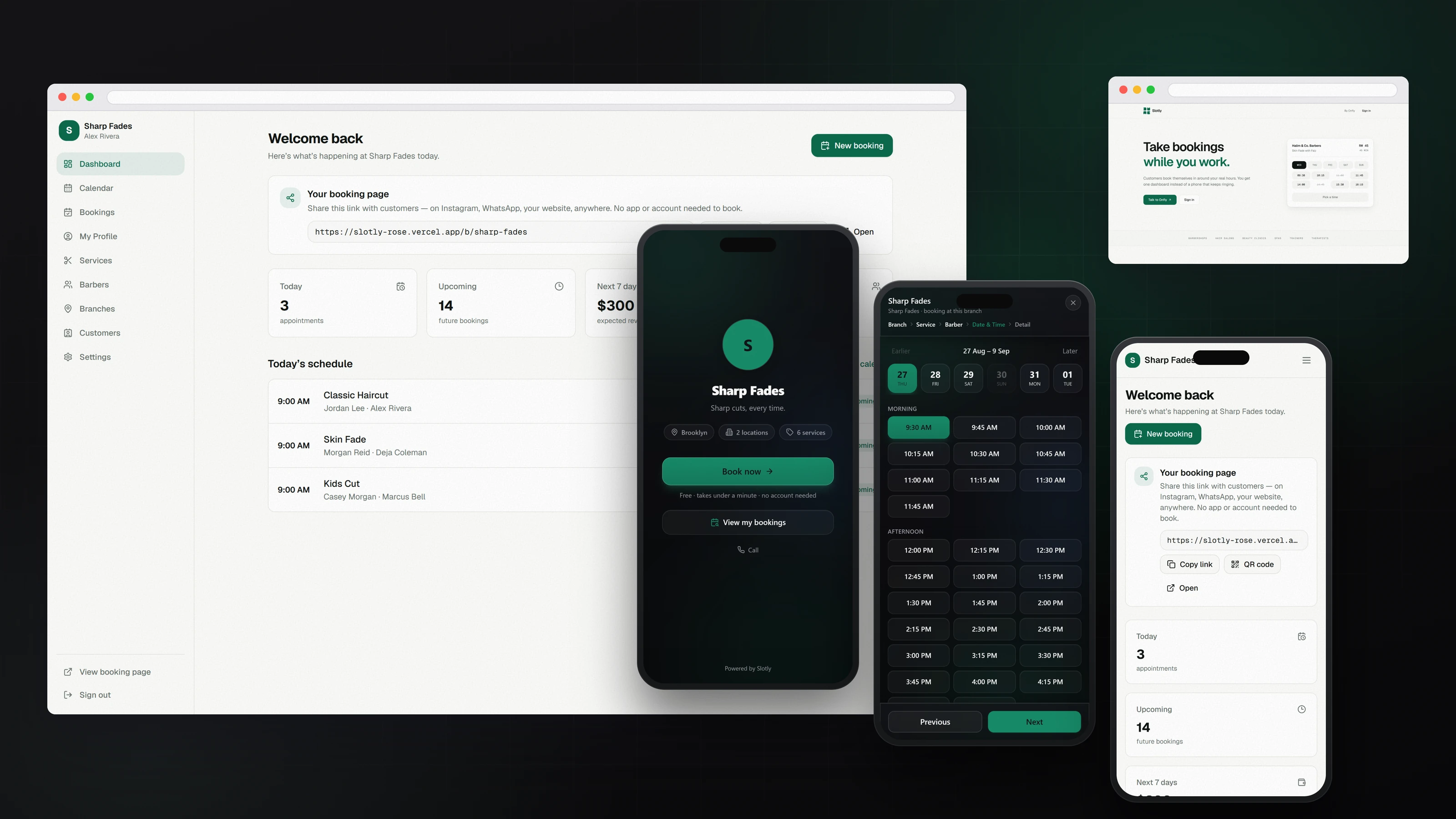 The Slotly console, three app screens on phones, and the marketing site