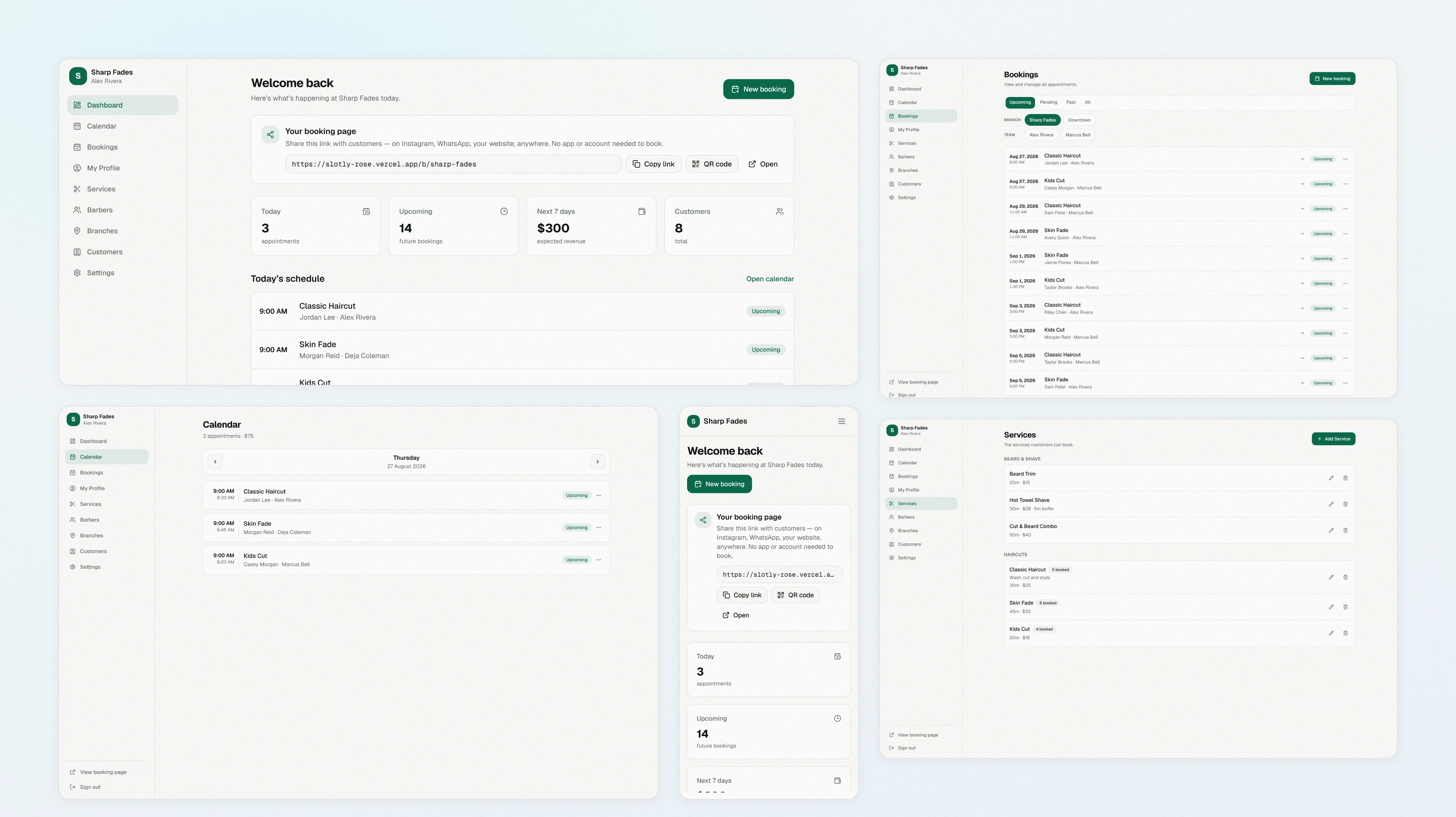 Six screens from the Slotly business console on the light Paper theme